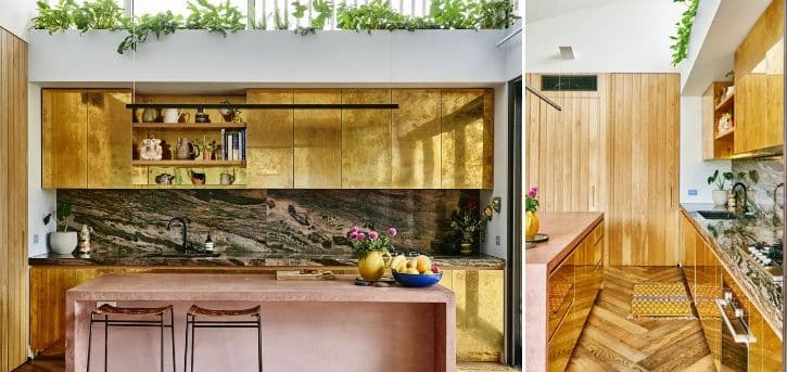 golden small kitchen with an island