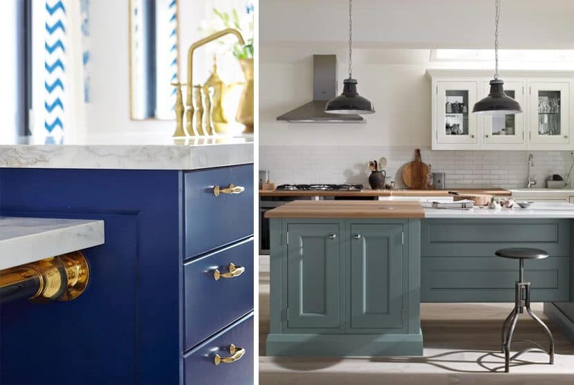 blue and teal inset kitchen cabinets