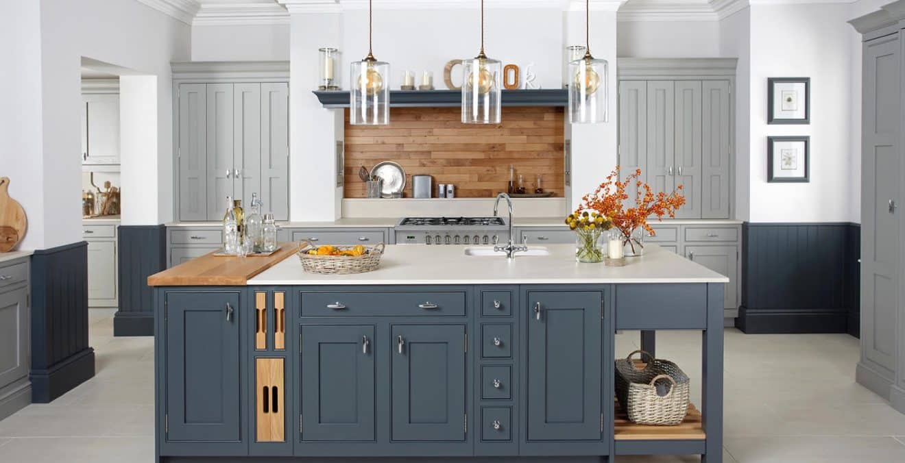 teal, white and oak modern in frame kitchen