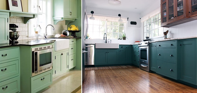 emerald and seafoam green in frame kitchen cabinets