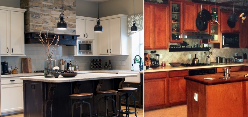 before and after of a hand painted kitchen