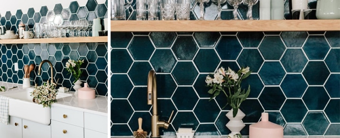 deep green hexagon tile backsplash