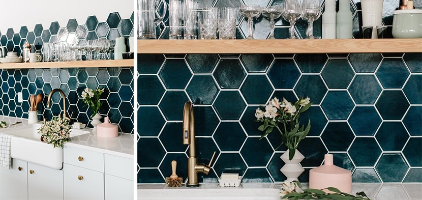 deep green hexagon tile backsplash