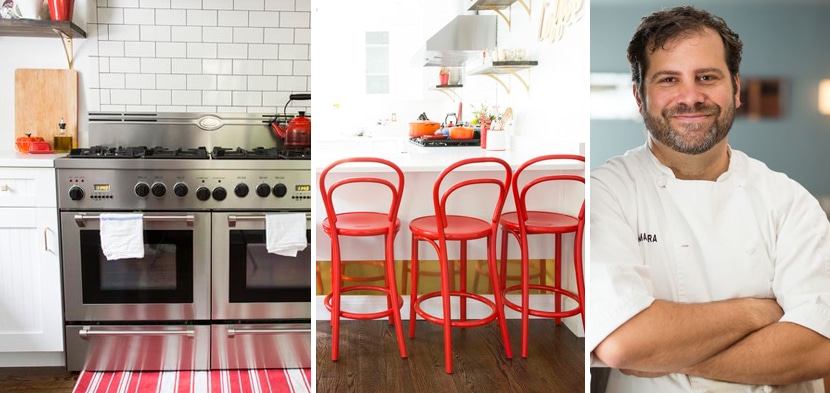 red accents in kitchen bar stools