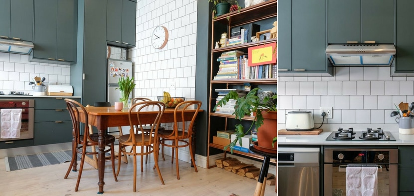 Blue Grey Kitchen with Metro Tile and Breakfast Nook