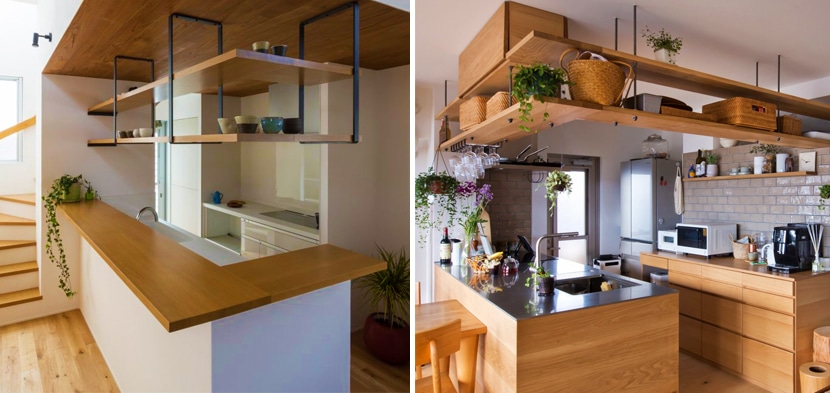 Suspended open kitchen shelving in influential japanese kitchen design